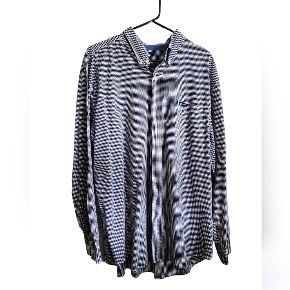 Mens Chaps Easy Care Long Sleeve Blue/white Checkered Button Up Shirt Size 2XL.
